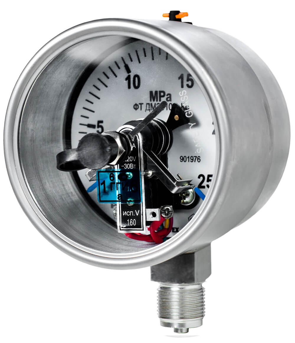 Вакуумметры, мановакуумметры, манометры электроконтактные коррозионностойкие ДВ2010ф Кс, ДА2010ф Кс, ДМ2010ф Кс (Диаметр: 100 мм)